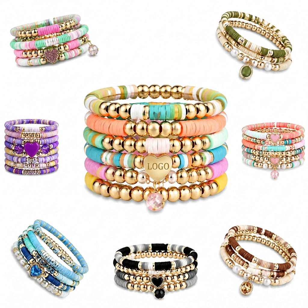 8-Piece Stackable Bohemian Bead Bracelet Set with Custom Heart Charm