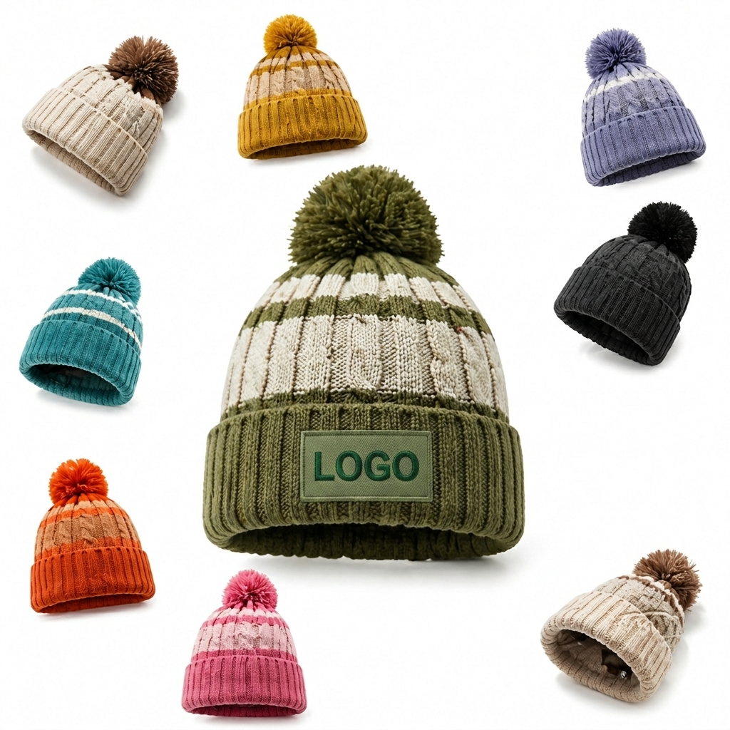 Dual-Tone Cuffed Pom Beanie with Logo Patch