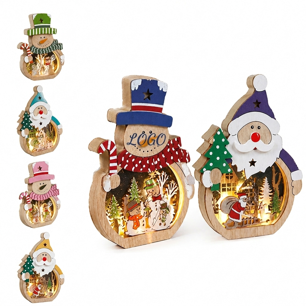 Illuminated Wooden Holiday Character Pendants with Integrated Glow