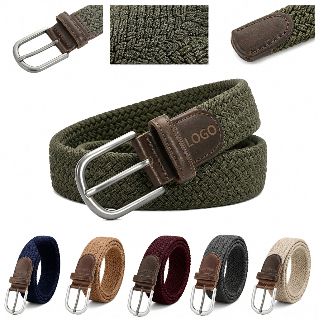 Flexible Braided Stretch Belt with Synthetic Leather Accents