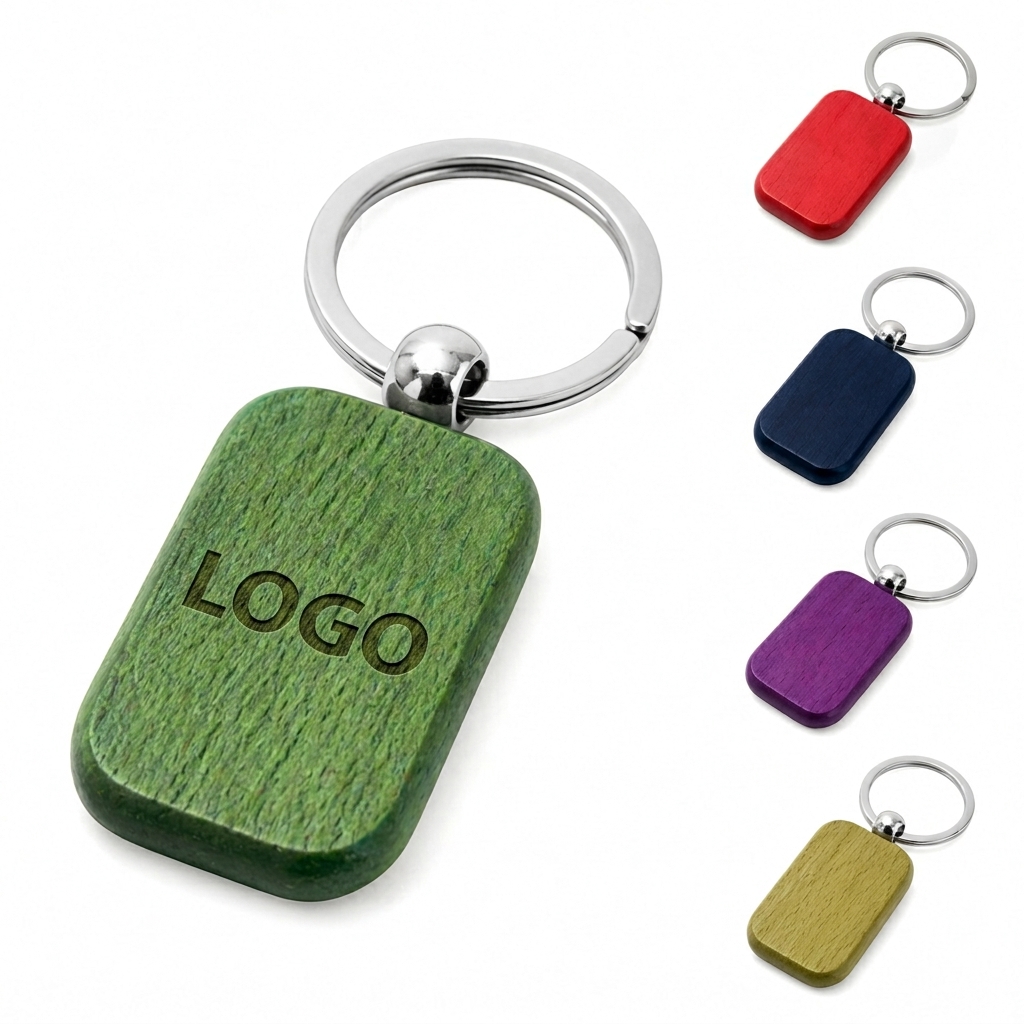 Rectangular Natural Wood Keychain with Chrome Split Ring