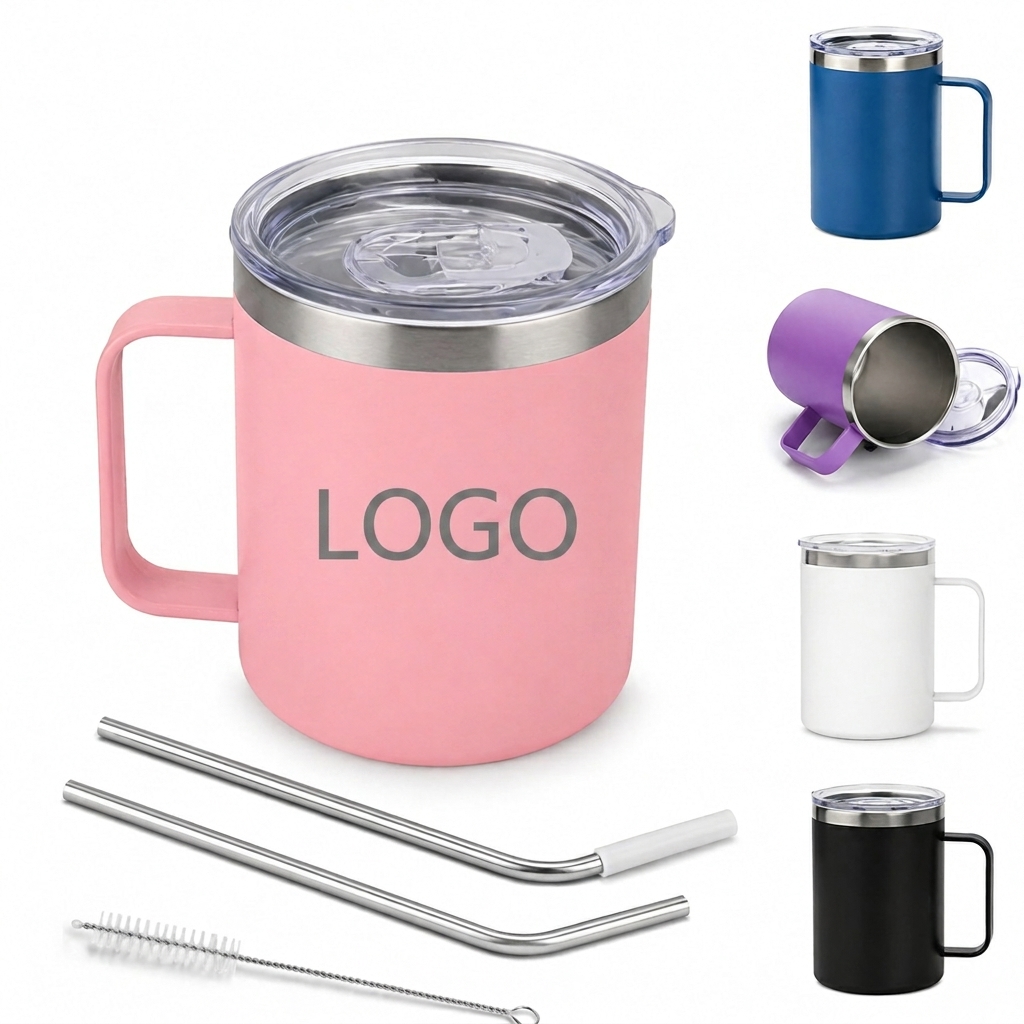 12 oz. Vacuum Insulated Stainless Steel Travel Mug with Handle and Straw