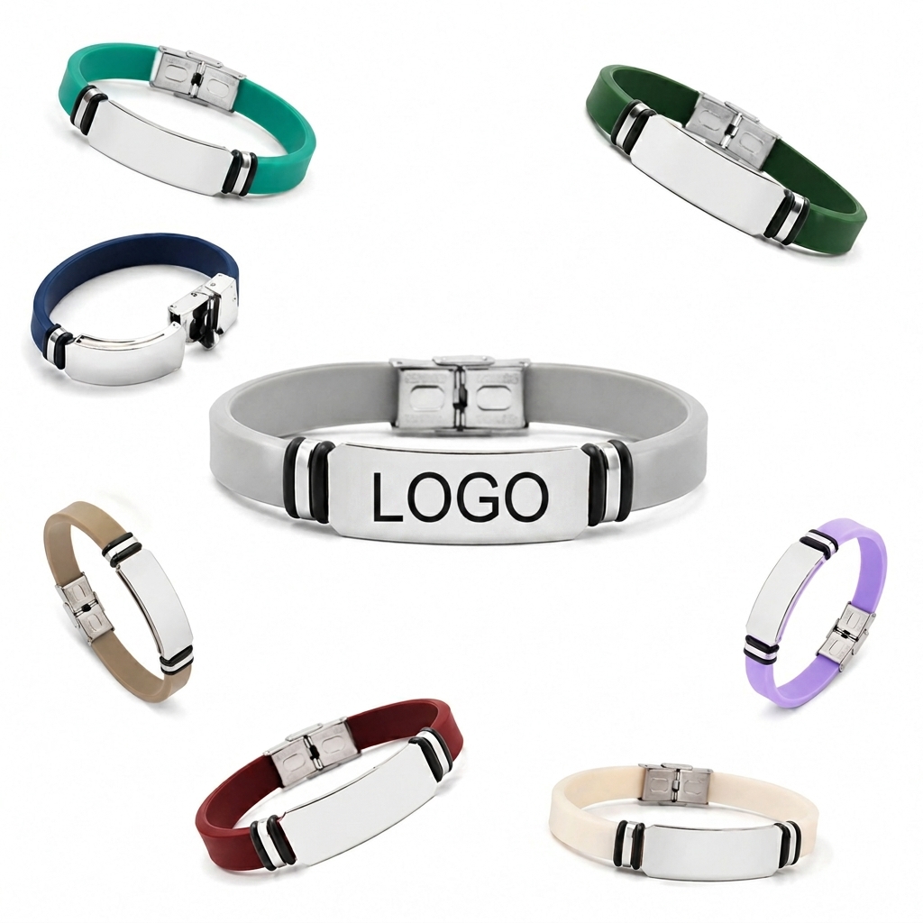 Adjustable Silicone Wristband with Polished Metal ID Plate