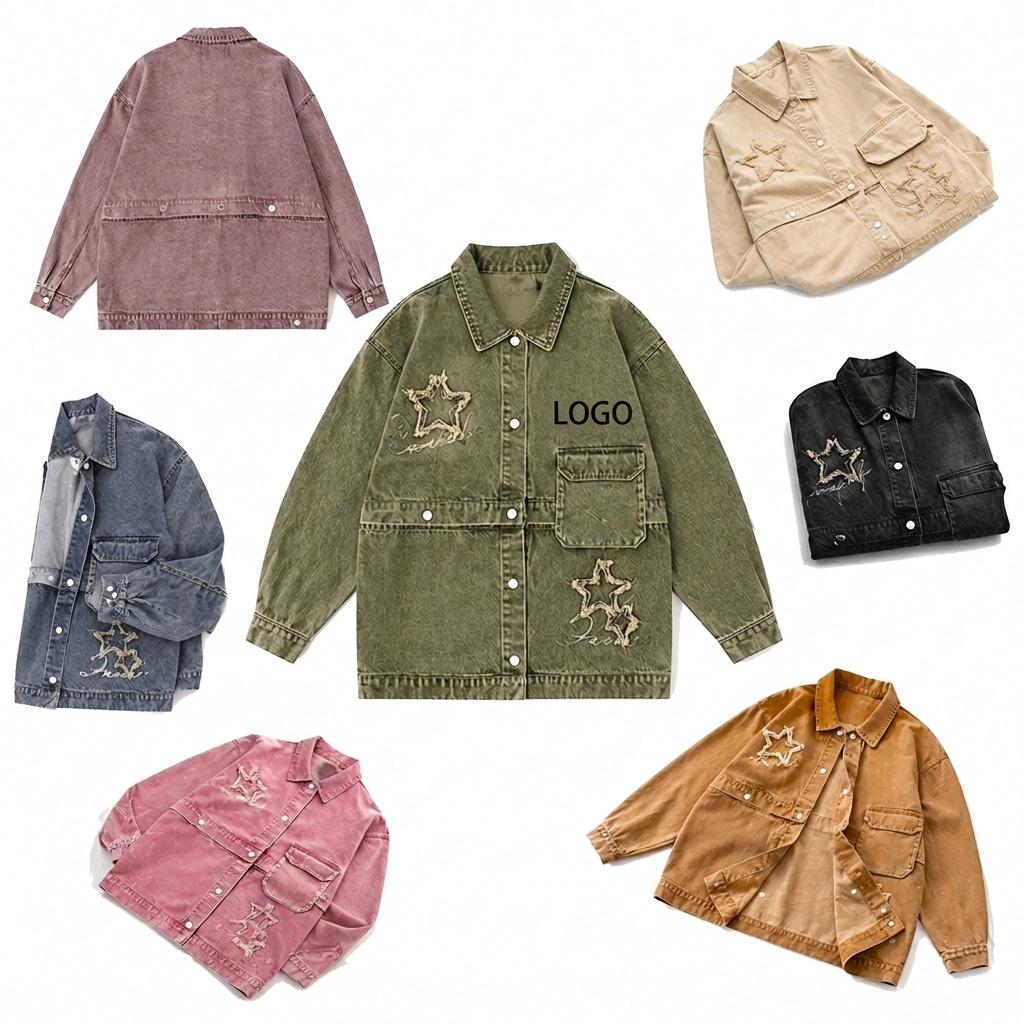 Vintage Washed Denim Outerwear Shacket with Distressed Accents