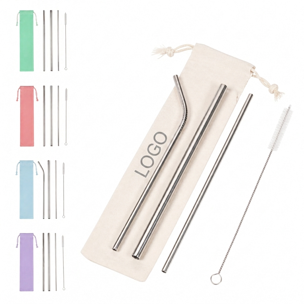 Reusable Stainless Steel Drinking Straw Kit with Cotton Pouch and Cleaning Tool