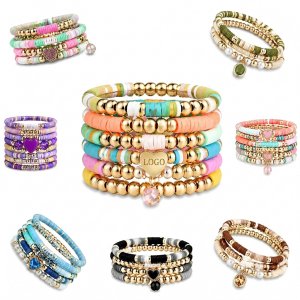 8-Piece Stackable Bohemian Bead Bracelet Set with Custom Heart Charm