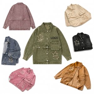 Vintage Washed Denim Outerwear Shacket with Distressed Accents